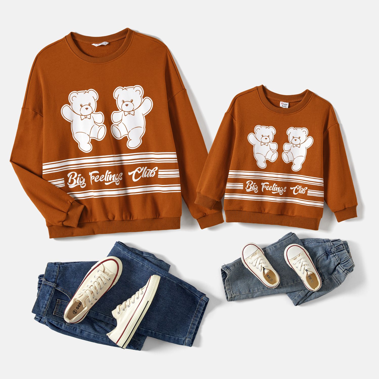 

Solid School Crew Neck Long Sleeve Bear Print Tops For Mommy and Me