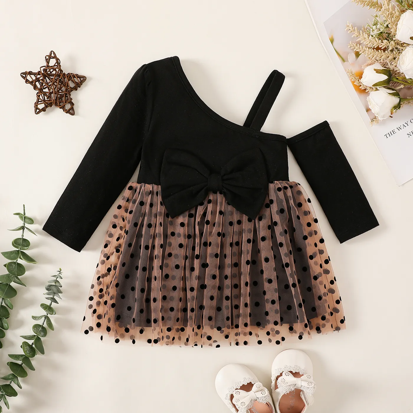 Baby Girl Cotton Polka Dots Sloping Shoulders Single Slip Mesh Dress  big image 1