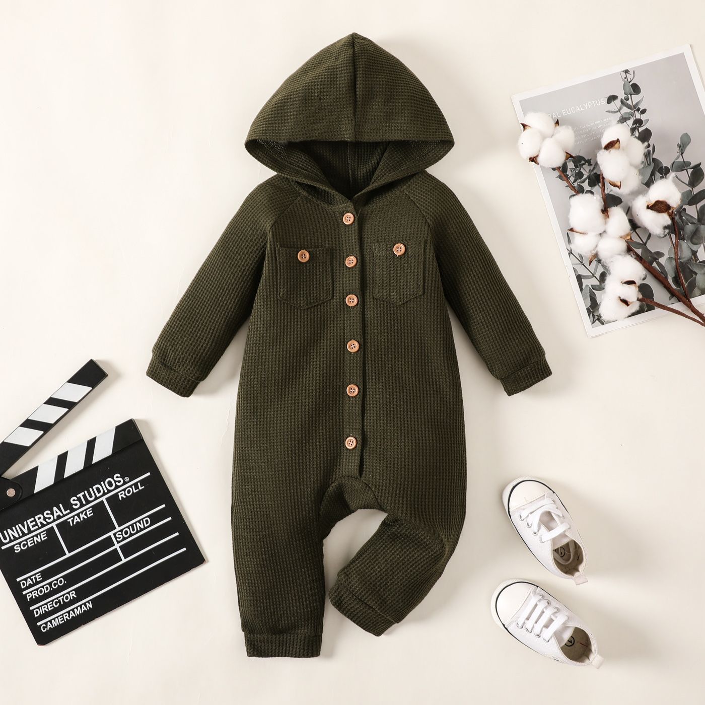 Baby Girl Buttons Front Waffle Pockets Long-sleeve Hooded Jumpsuit