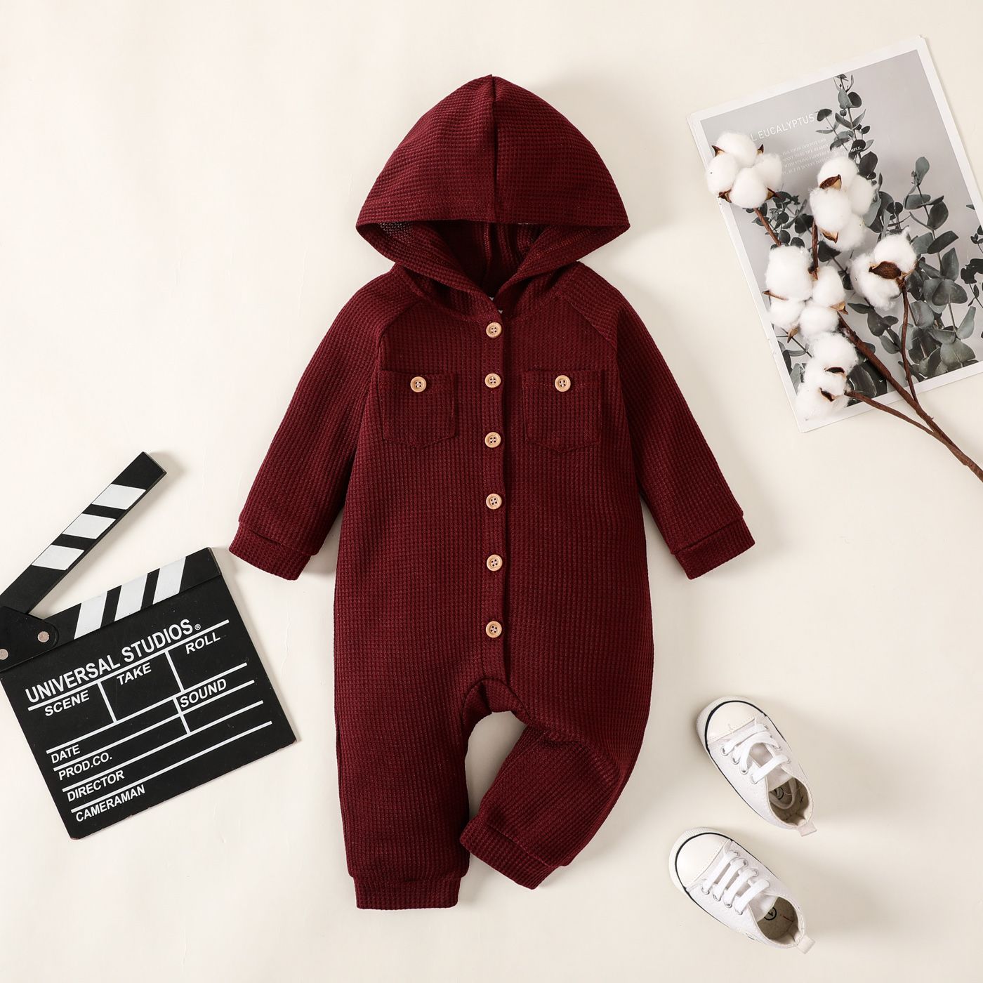 Baby Girl Buttons Front Waffle Pockets Long-sleeve Hooded Jumpsuit