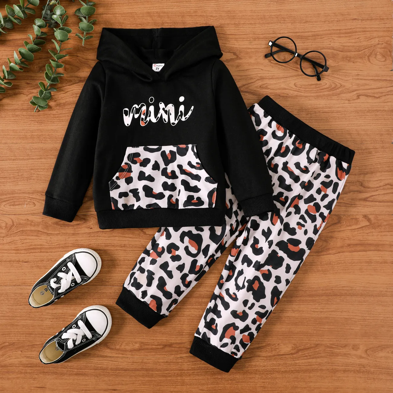 2pcs Toddler Girl Leopard Pattern Hooded Set Black big image 1