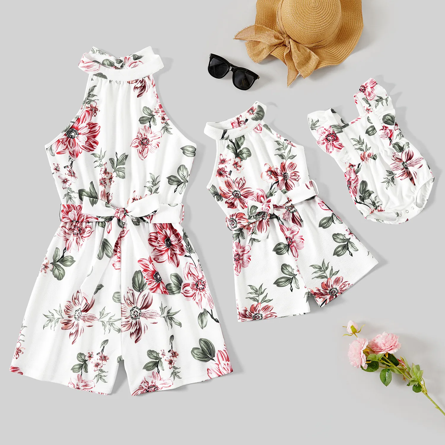 Mommy and Me Allover Floral Print Belted Halter Neck Romper Shorts