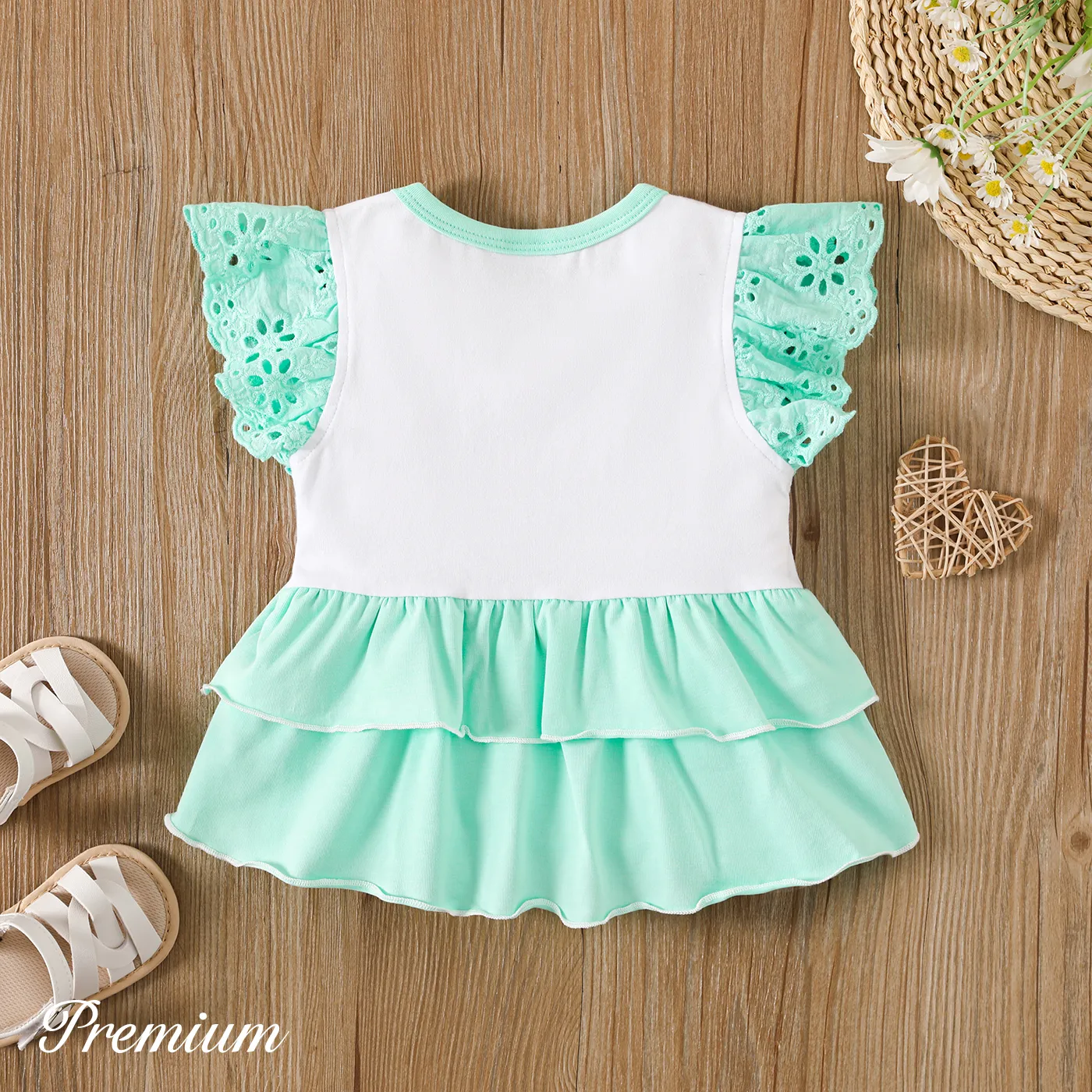 Baby Girl Cotton Floral Print Flutter-sleeve Layered Hem Tee Green image 2