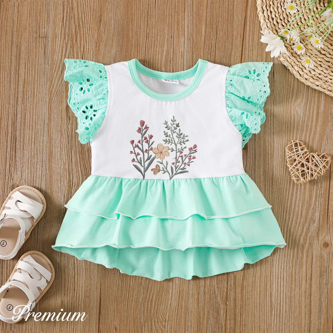 Baby Girl Cotton Floral Print Flutter-sleeve Layered Hem Tee Green big image 1
