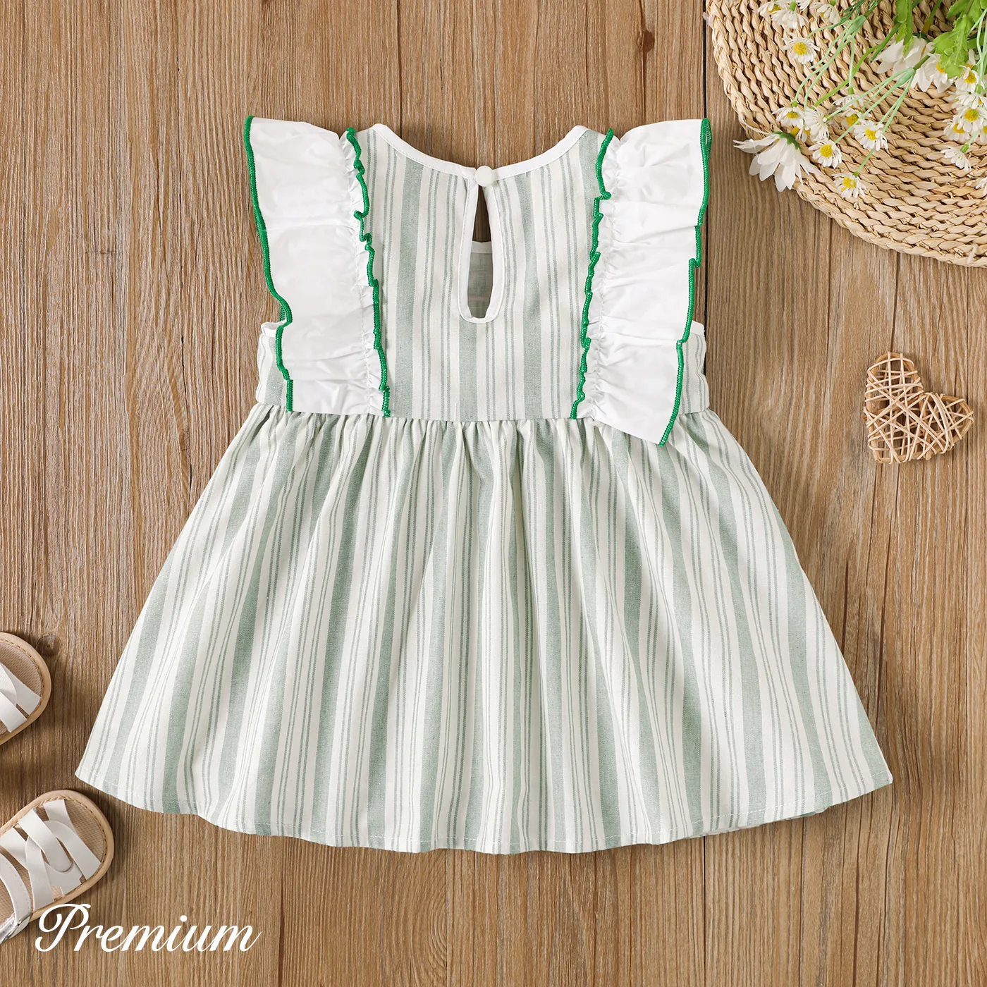 Baby Girl Letter & Floral Embroidered Ruffled Striped Tank Dress Green image 2