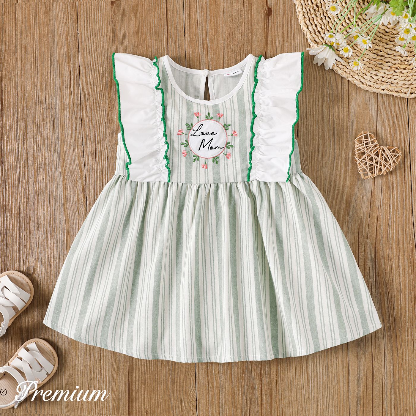Baby Girl Letter & Floral Embroidered Ruffled Striped Tank Dress