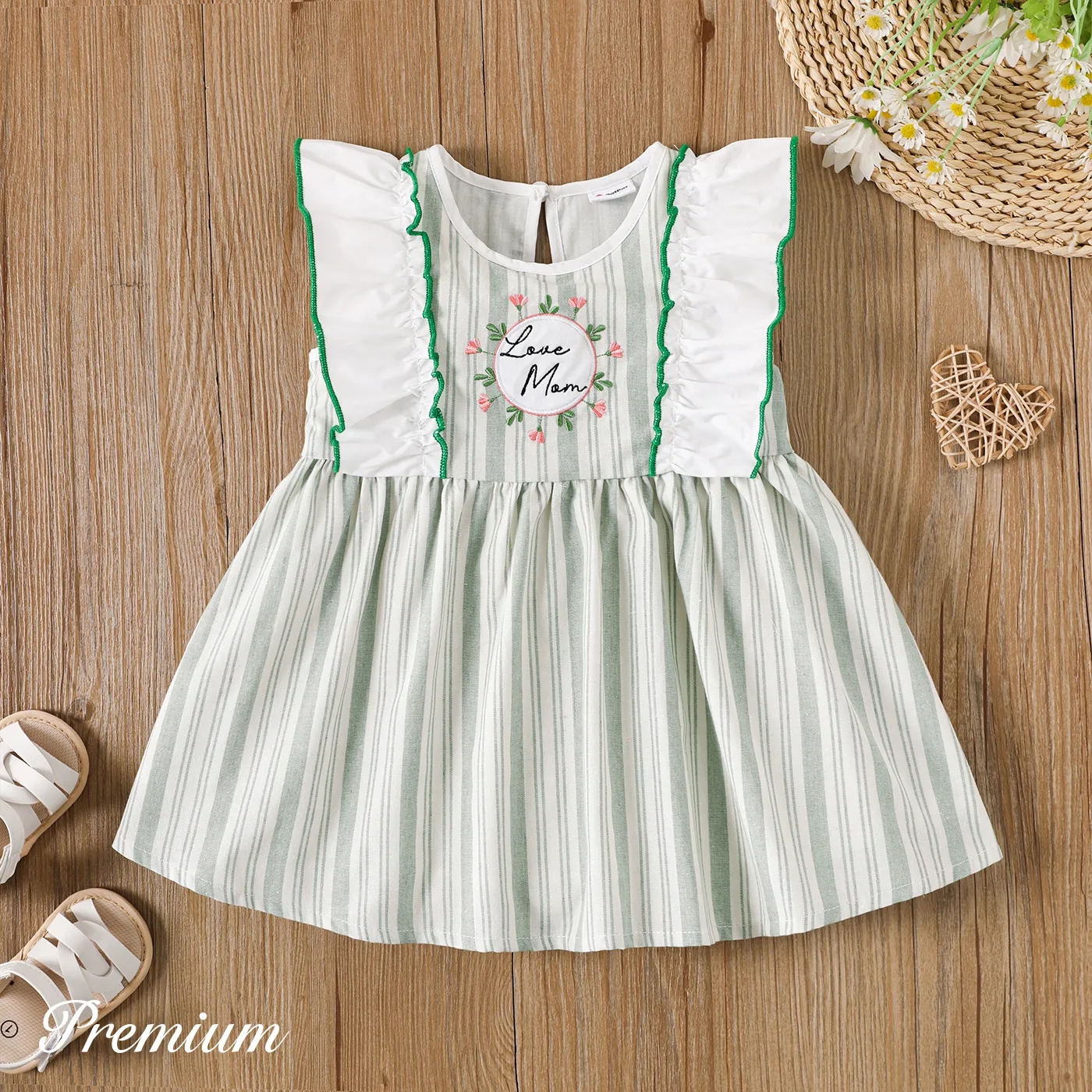 Baby Girl Letter & Floral Embroidered Ruffled Striped Tank Dress Green big image 1
