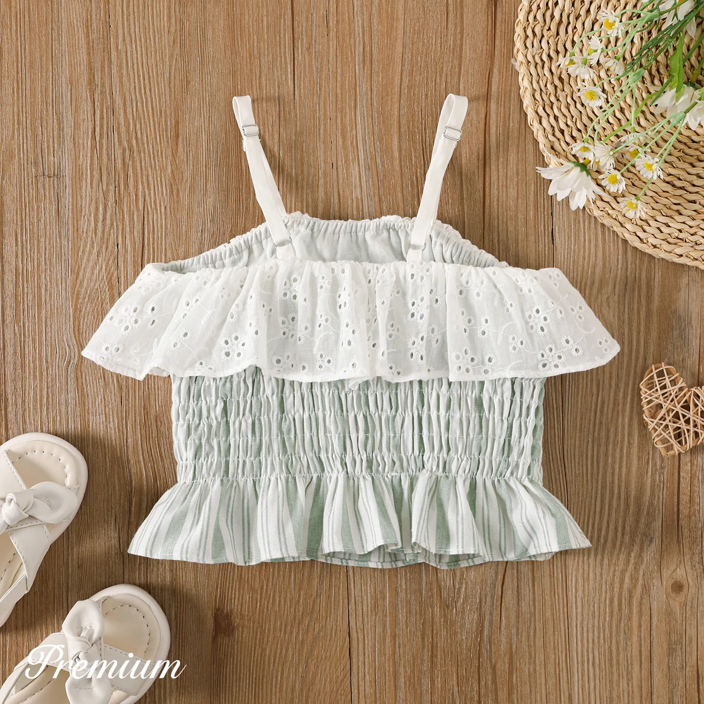 Kid Girl 100% Cotton Textured Ruffled Mixed Striped Print Camisole  image 2
