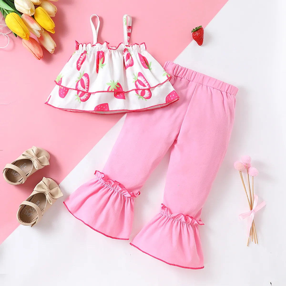 2pcs Toddler Girl Strawberry Print Ruffled Camisole and Flared Pants Set   big image 1