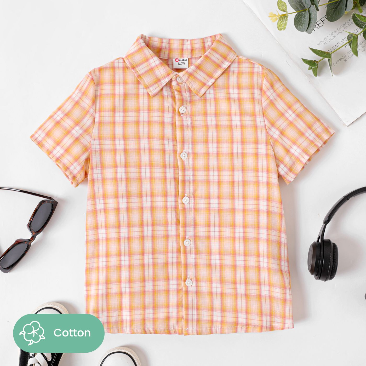 Kid Boy 100% Cotton Plaid Lapel Collar Short-sleeve Shirt