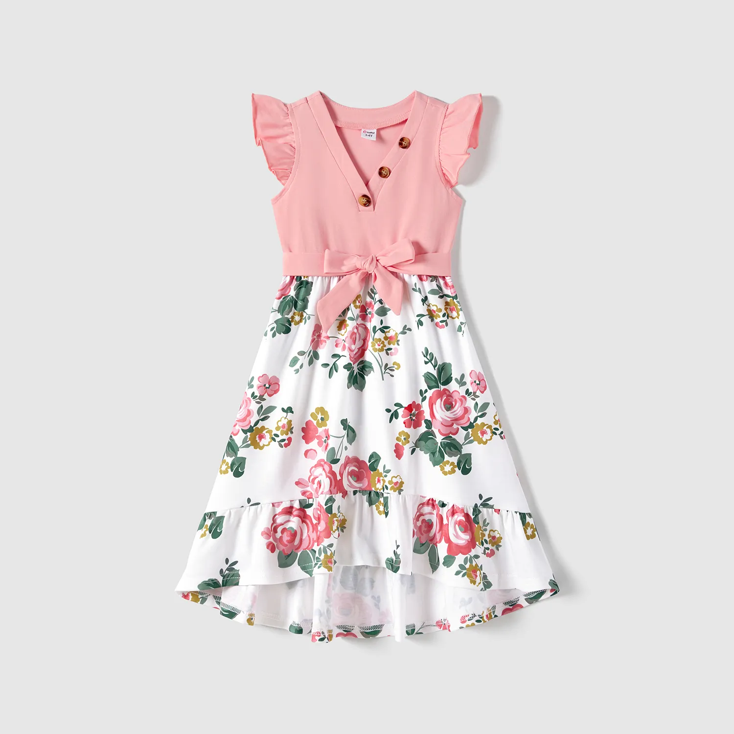 

Family Matching Colorblock Short-sleeve Tee and Floral Print Front Buttons Flutter-sleeve Belted Dress Sets