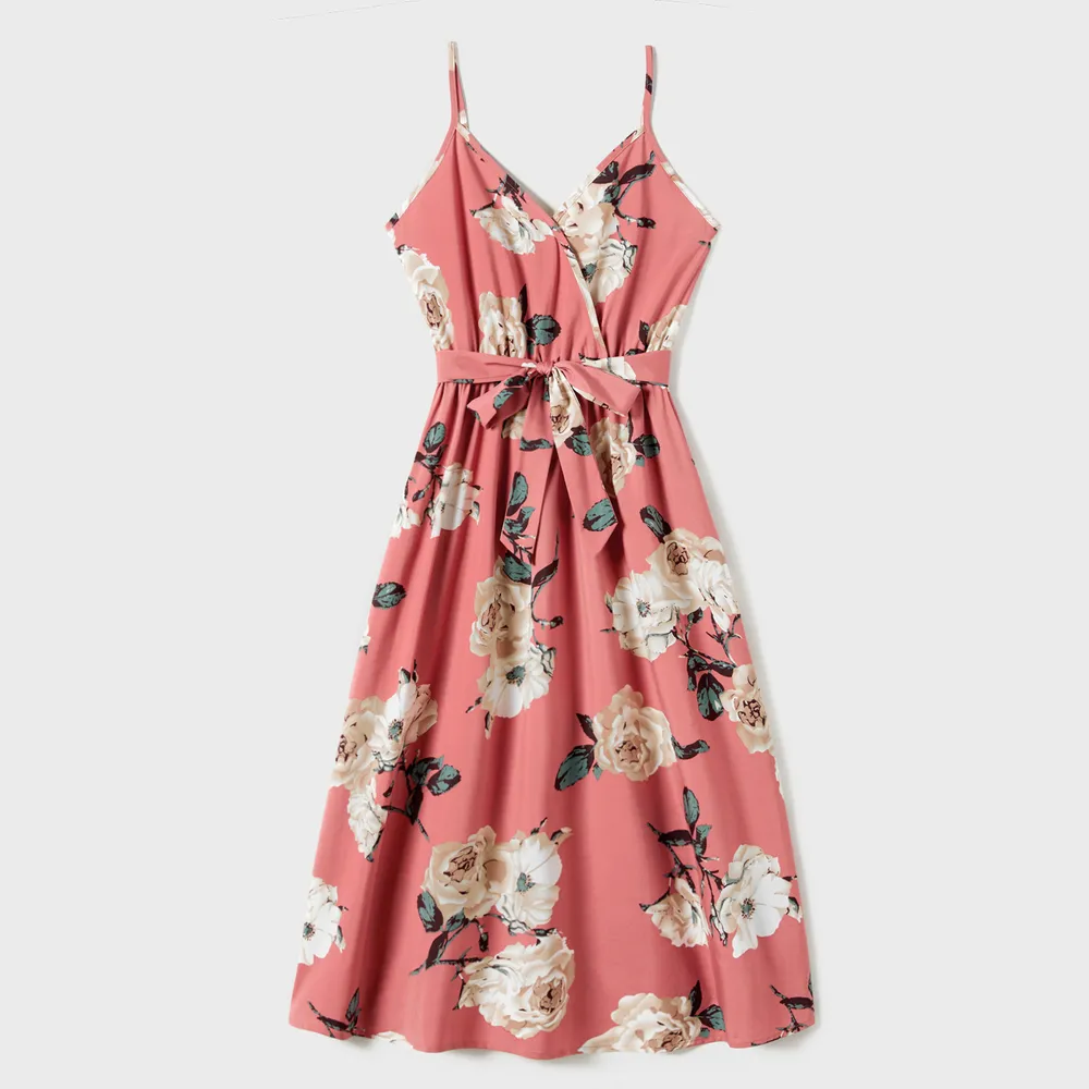 Family Matching Allover Floral Print Belted Slip Dresses and Colorblock Short-sleeve T-shirts Sets big image 14