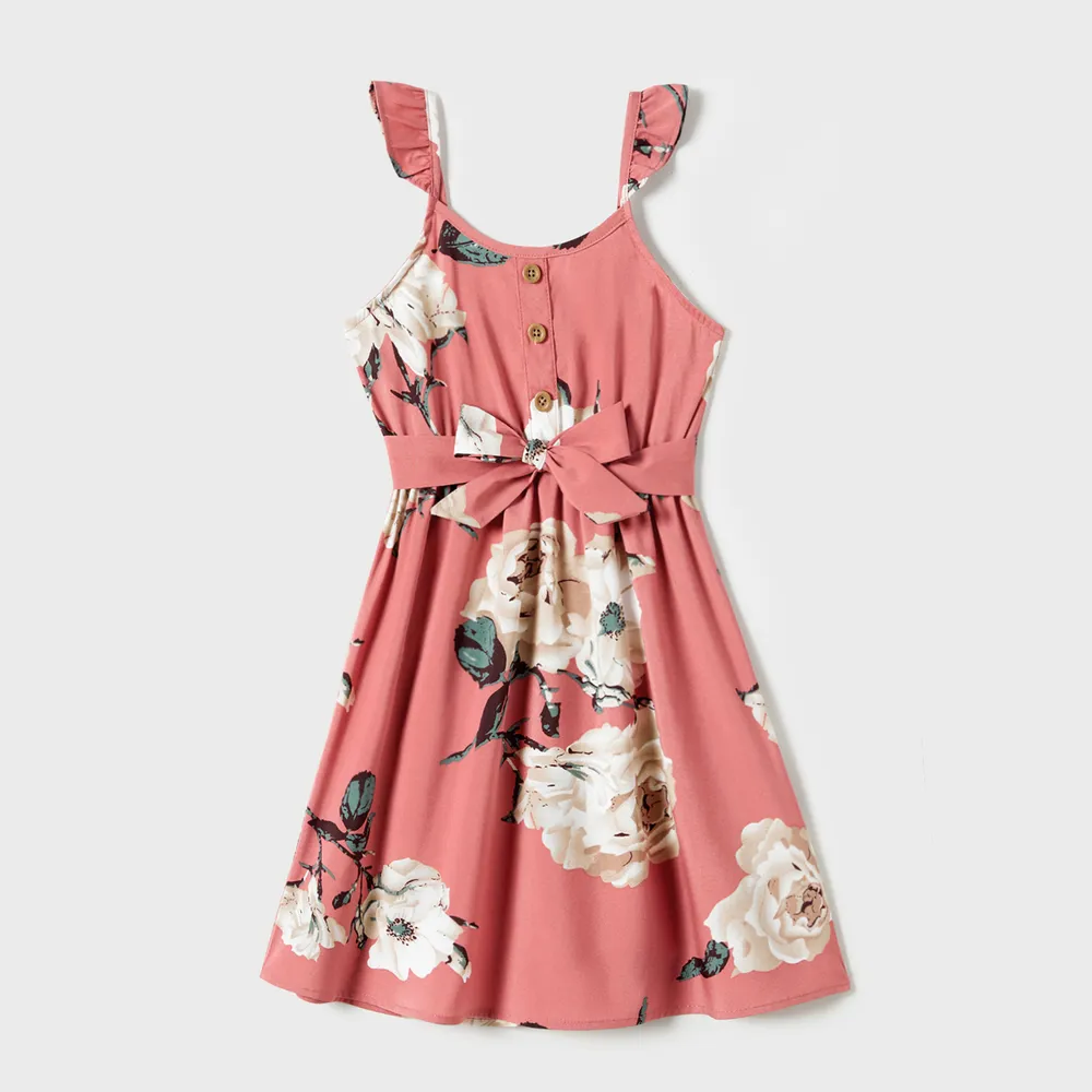 Family Matching Allover Floral Print Belted Slip Dresses and Colorblock Short-sleeve T-shirts Sets  big image 10