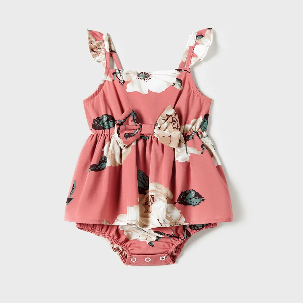 Family Matching Allover Floral Print Belted Slip Dresses and Colorblock Short-sleeve T-shirts Sets  big image 1