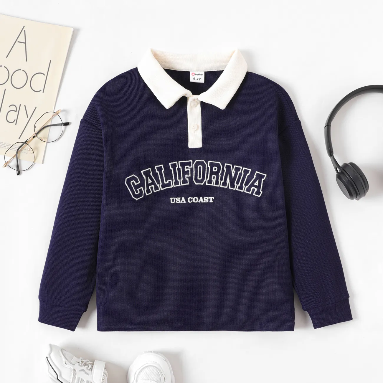 Kid Boy/Girl Letters Embroidery Long-sleeve Polo Neck Sweatshirt   big image 1