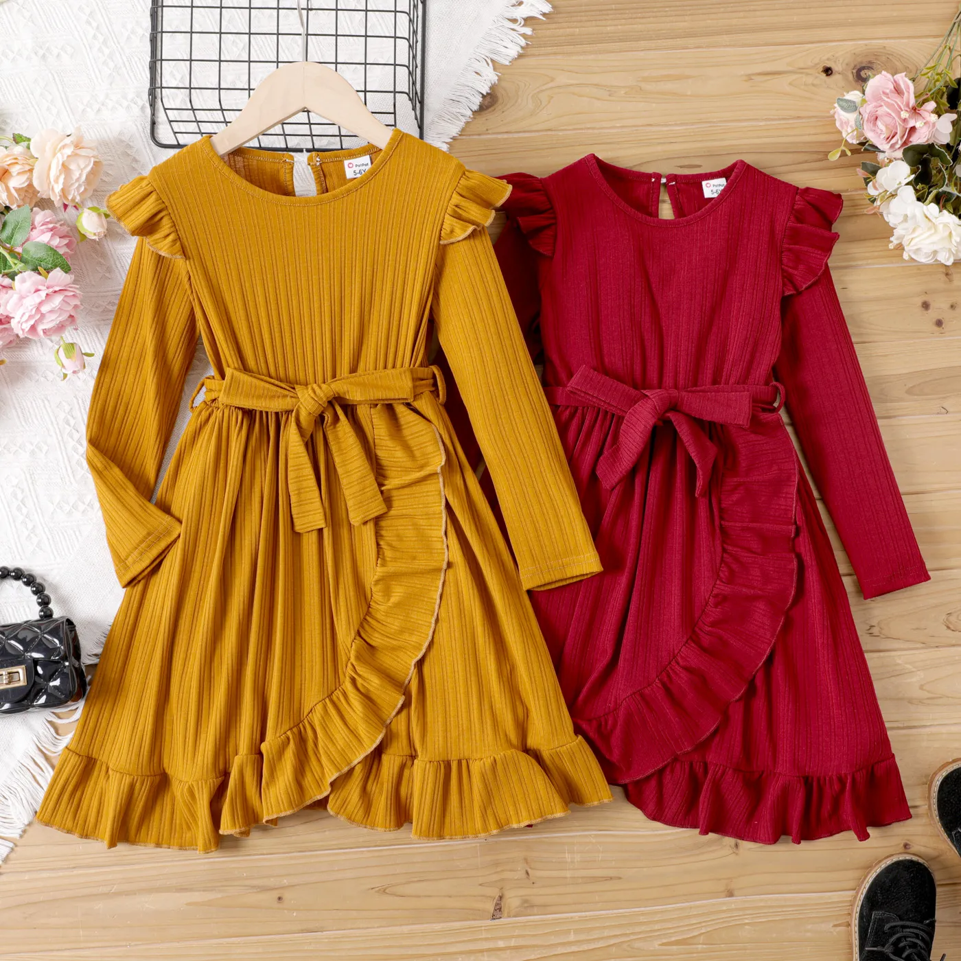 Kid Girl Ruffle Trim Long-sleeve Belted Rib-knit Dress 