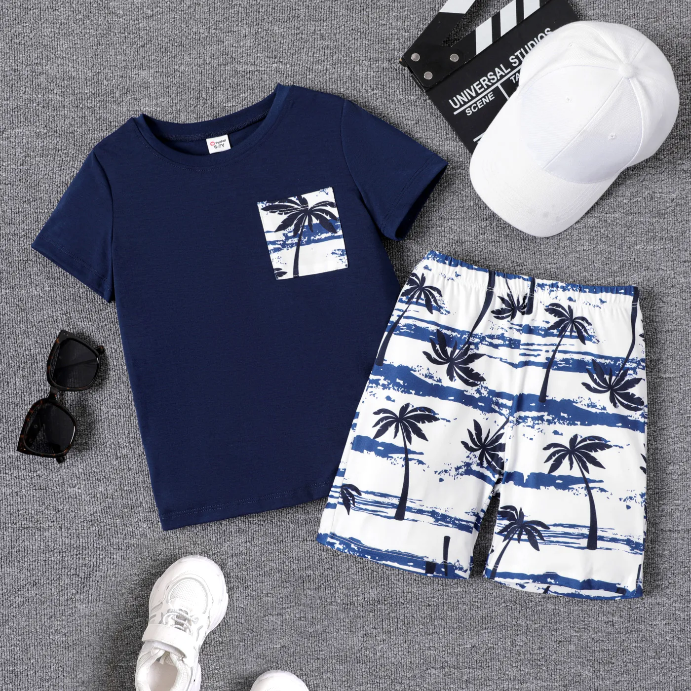 2pcs Kid Boy Tropical Plant Print Short-sleeve Tee and Shorts Set Tibetanblue big image 1