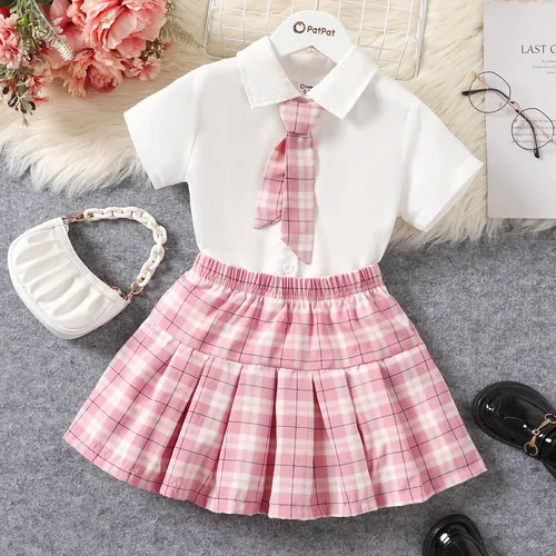 2pcs Kid Girl Preppy Style Short-sleeve White Shirt and Plaid Skirt Set 