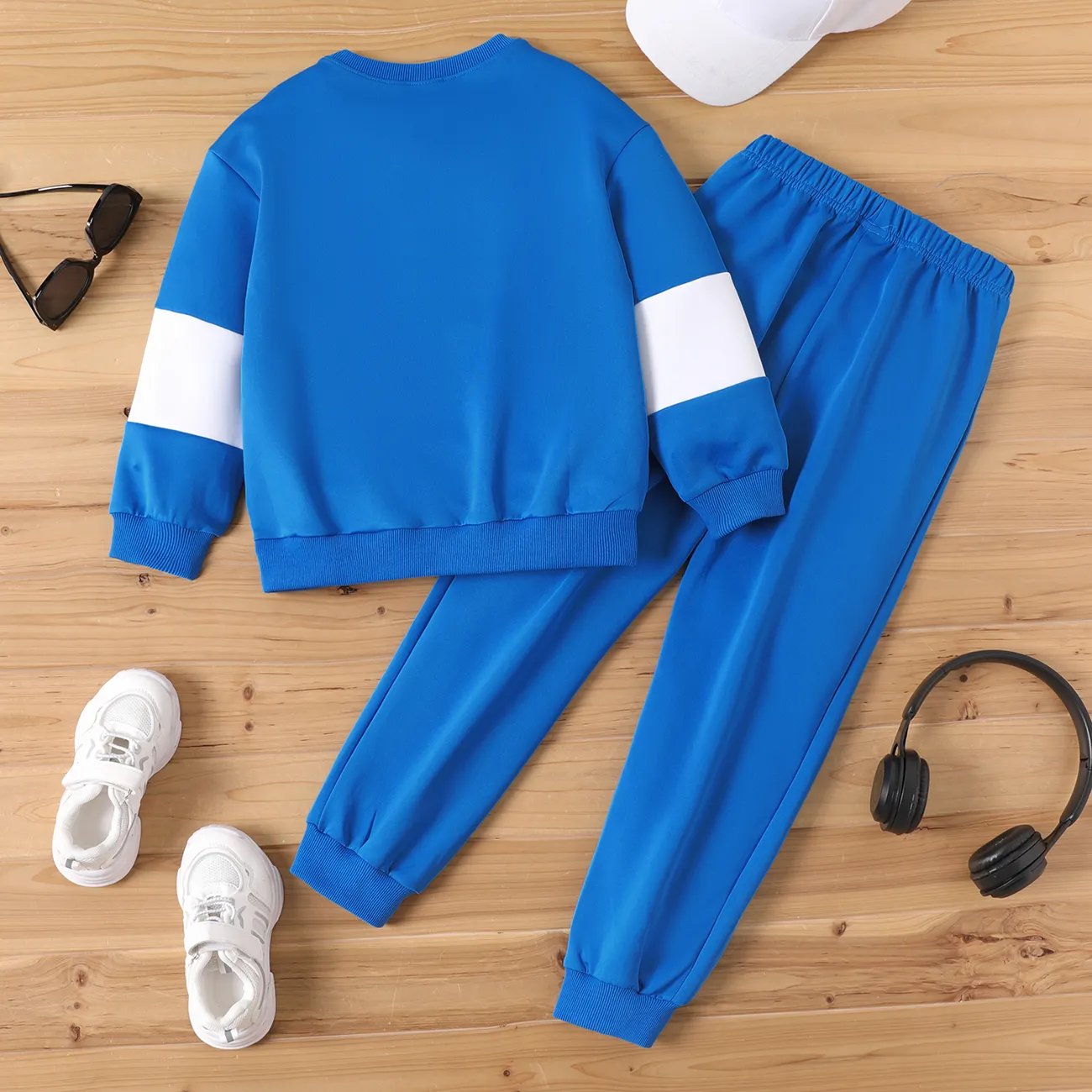 2pcs Kid Boy Letters Print Long-sleeve Sweatshirt and Pants Set Blue big image 1