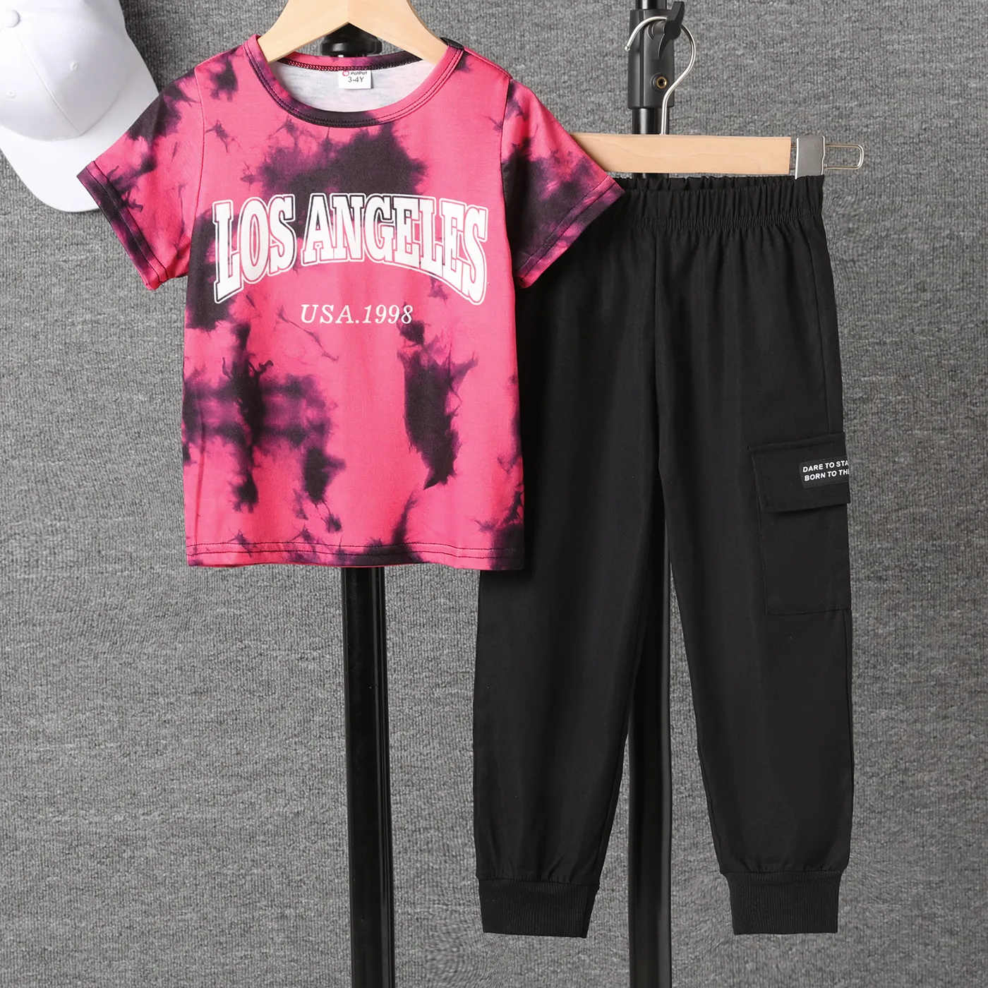 2pcs Toddler Boy Letter Print Tie Dye Short-sleeve Top and Cargo Pants Set  Black big image 1