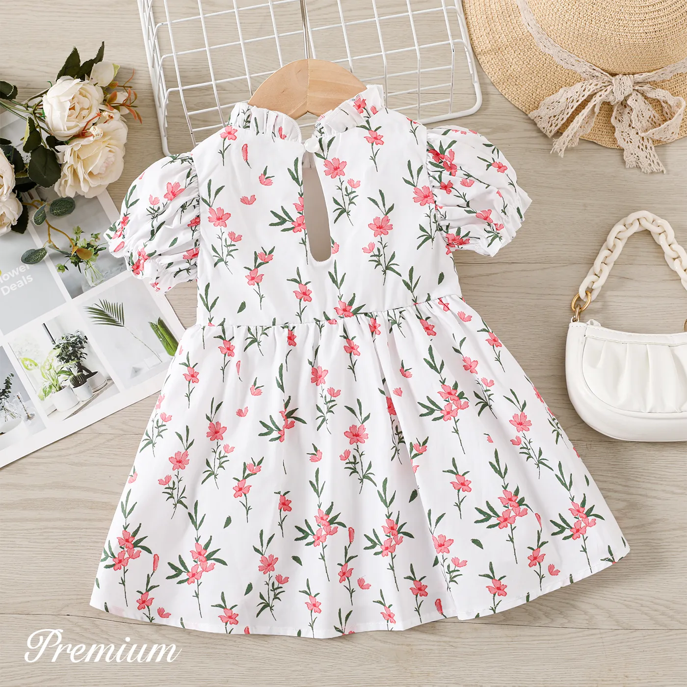 Baby Girl 100% Cotton Allover Floral Print Puff-sleeve Dress Multicolour-1 image 2
