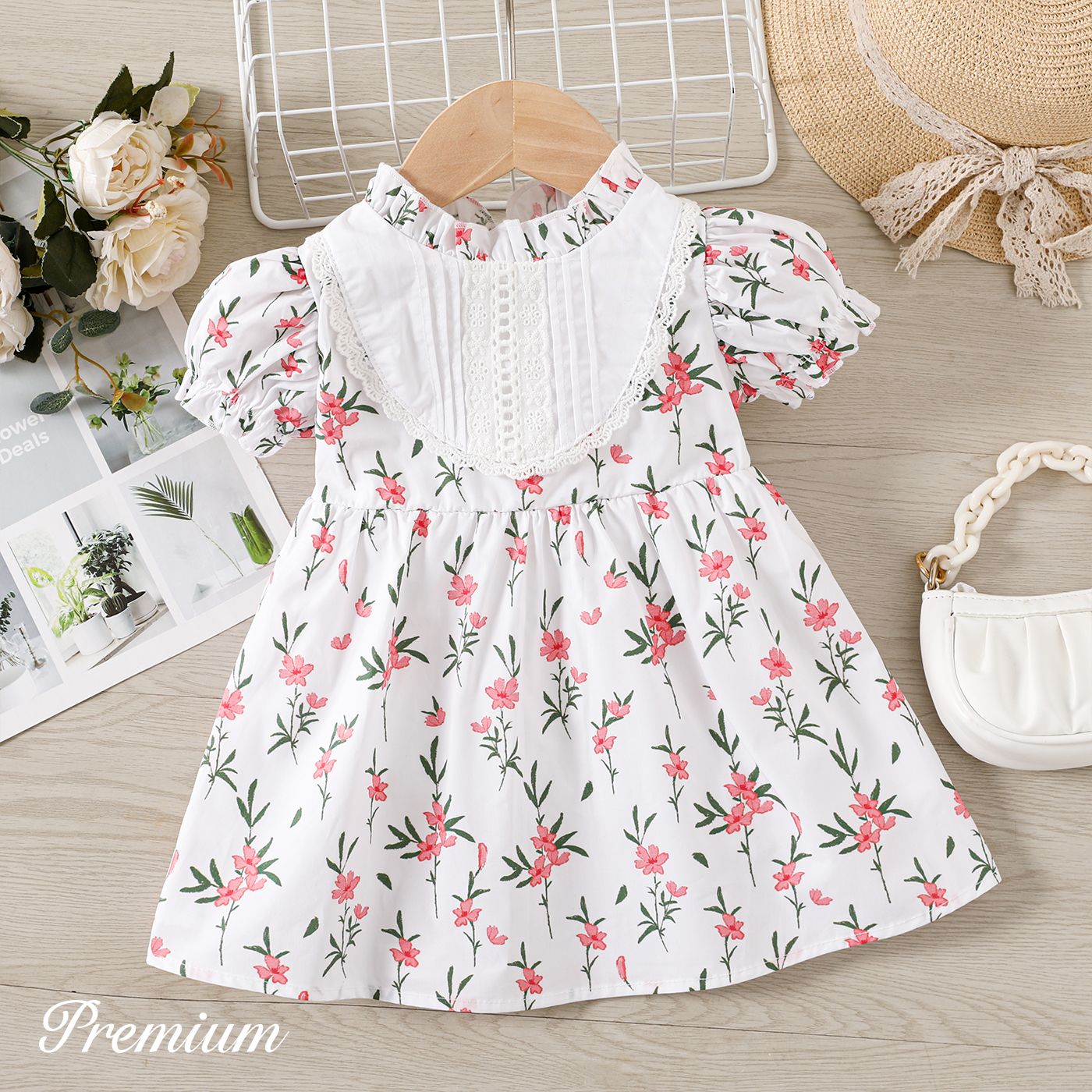 Baby Girl 100% Cotton Allover Floral Print Puff-sleeve Dress