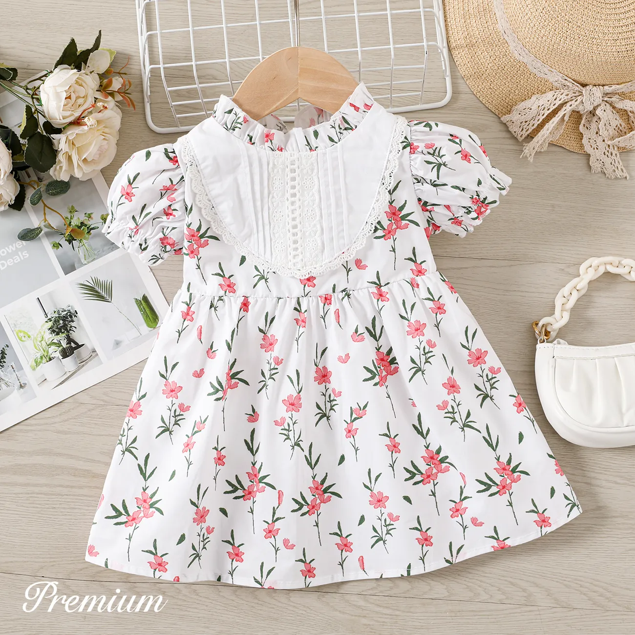 Baby Girl 100% Cotton Allover Floral Print Puff-sleeve Dress  big image 1