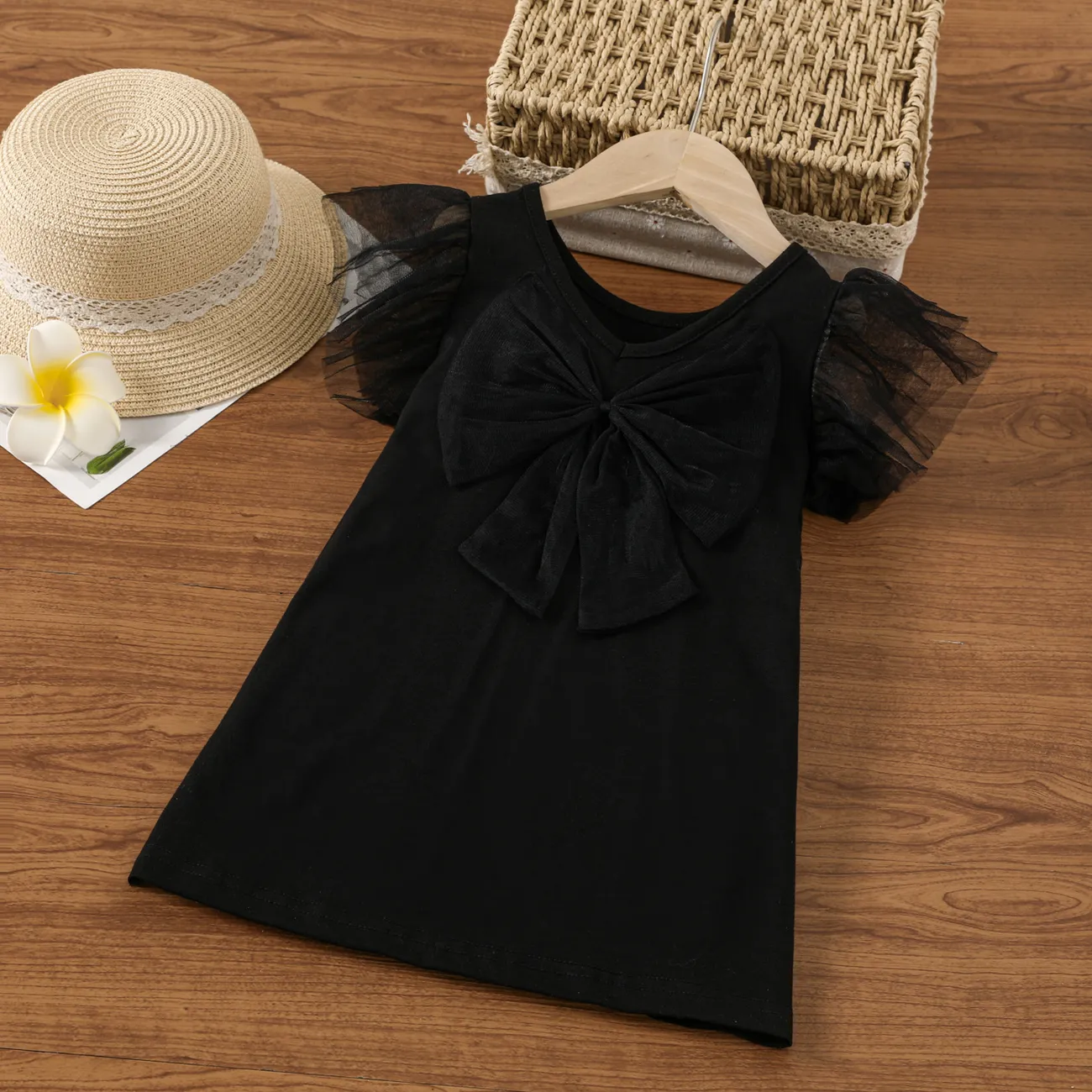 Toddler Girl Black Mesh Flutter-sleeve Dress  Black big image 1