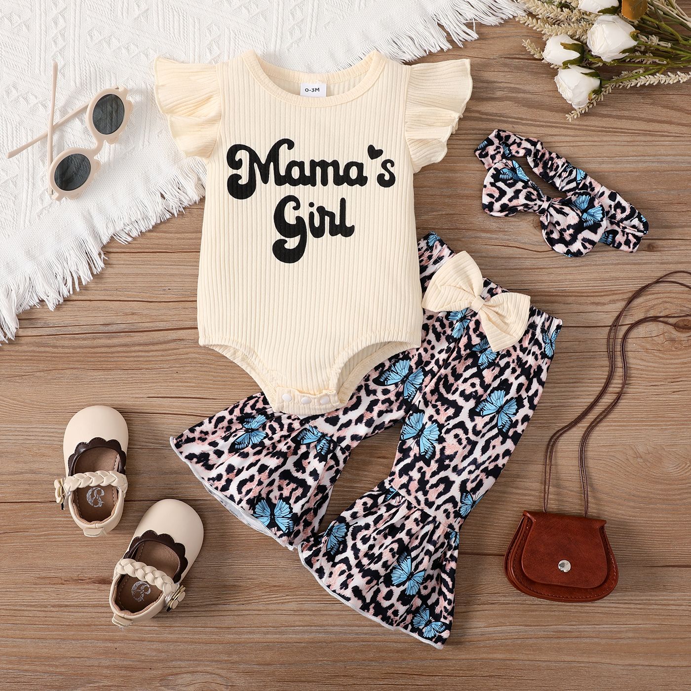 

3pcs Baby Girl Letter Print Flutter-sleeve Ribbed Bodysuit & Leopard Flared Pants & Headband Set