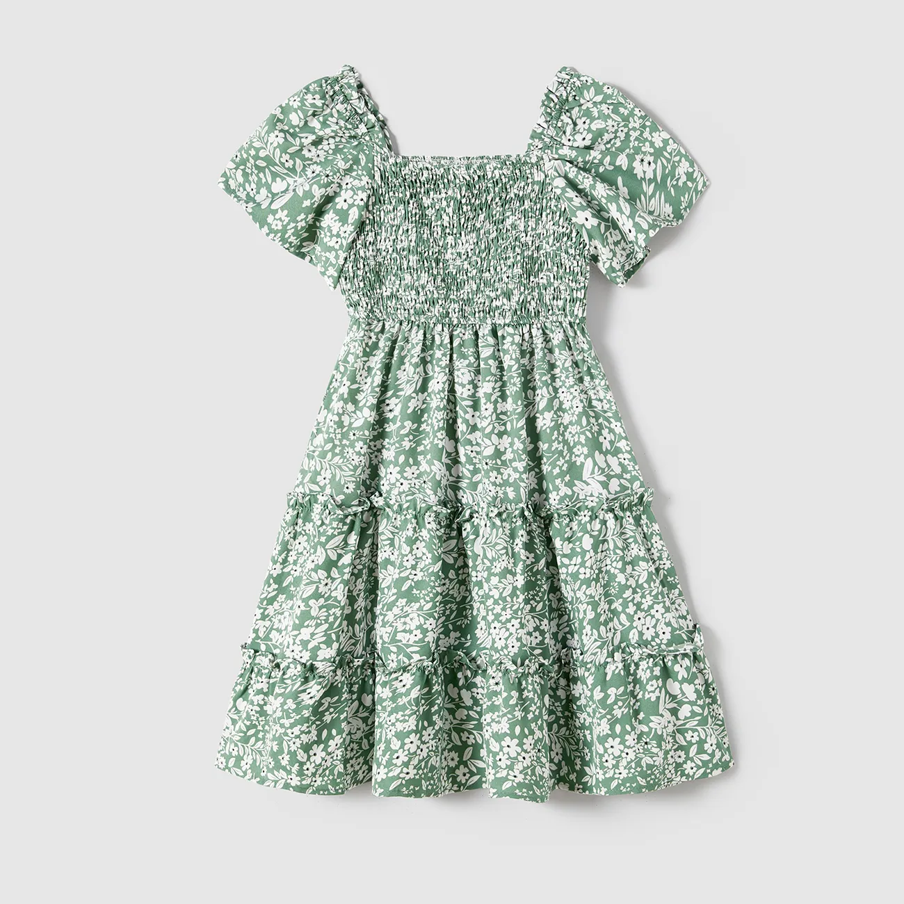 Family Matching Allover Floral Print Smocked Dresses and Colorblock Striped Cotton T-shirts Sets Green big image 1
