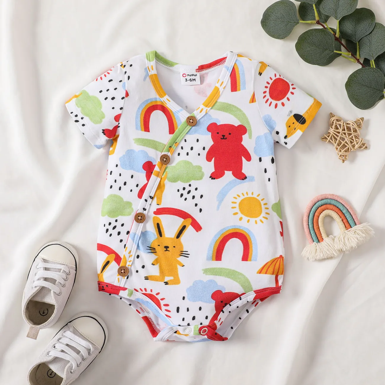Baby Girl/Boy Allover Print Button Decor Short-sleeve Bodysuit Color block big image 1