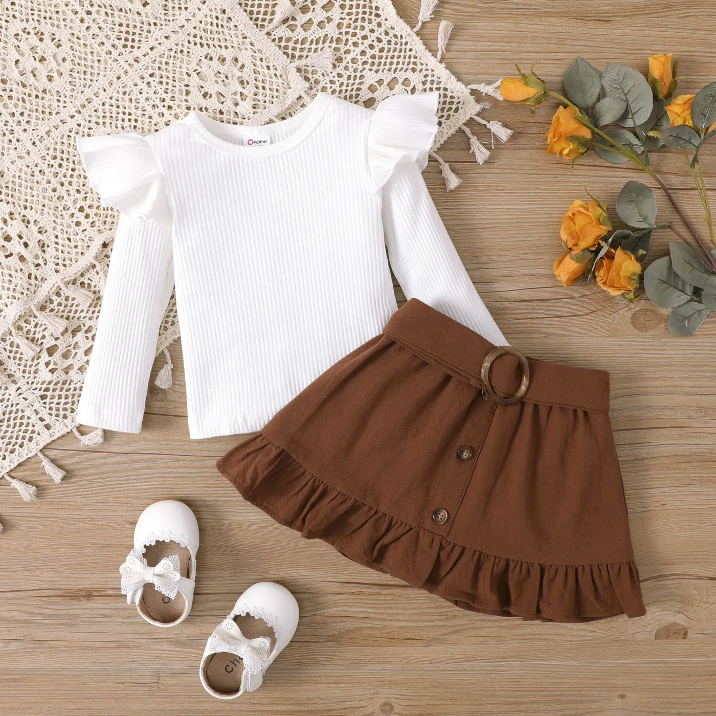 2pcs Baby Girl Sweet Ruffle Edge Cotton Dress Set Brown image 2
