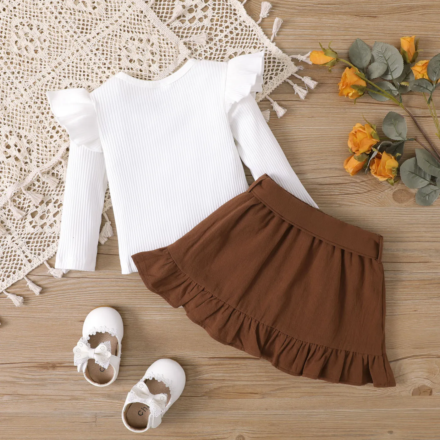 2pcs Baby Girl Sweet Ruffle Edge Cotton Dress Set Brown image 3