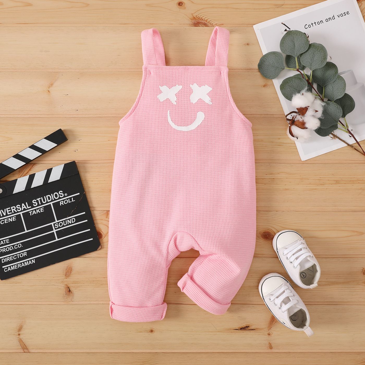 Baby Boy/Girl Smile Print Waffle Strappy Overalls