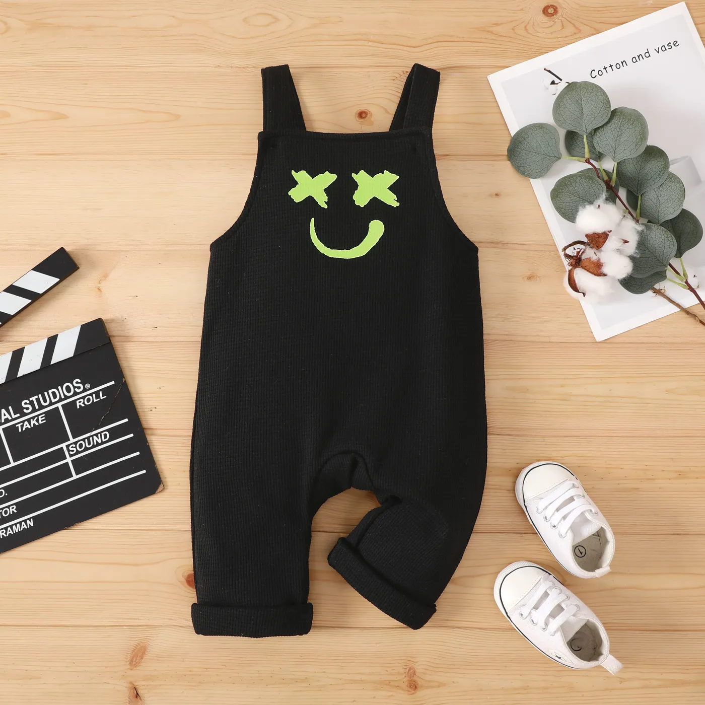 Baby Boy/Girl Smile Print Waffle Strappy Overalls  Black big image 1