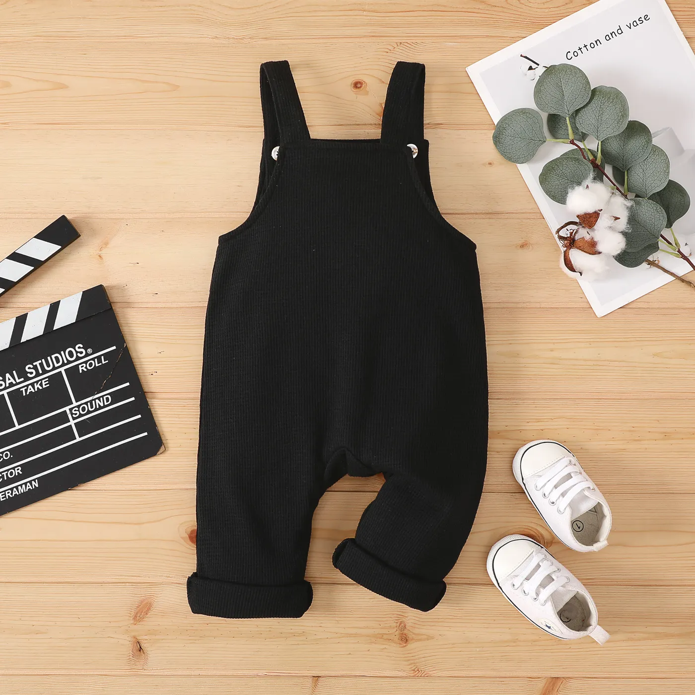 Baby Boy/Girl Smile Print Waffle Strappy Overalls  Black image 2