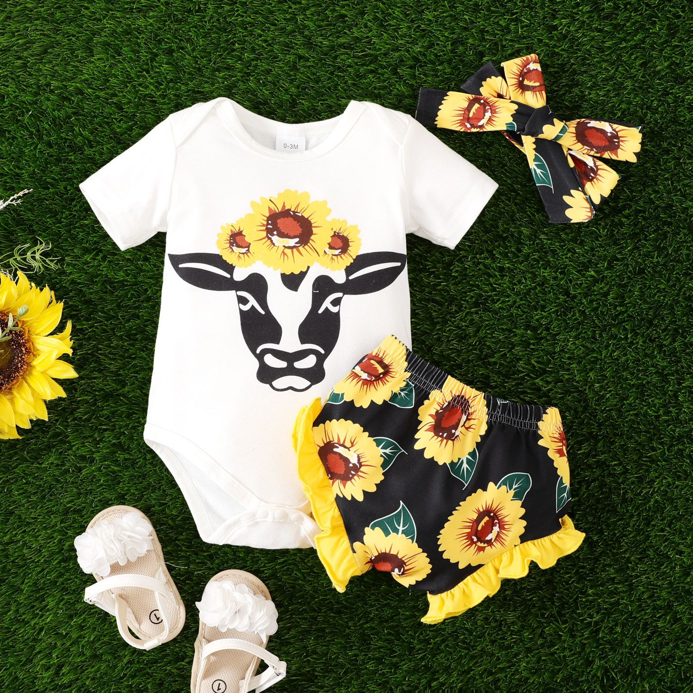 

3pcs Baby Girl Sunflower Print Short-sleeve Romper and Ruffled Shorts and Headband Set