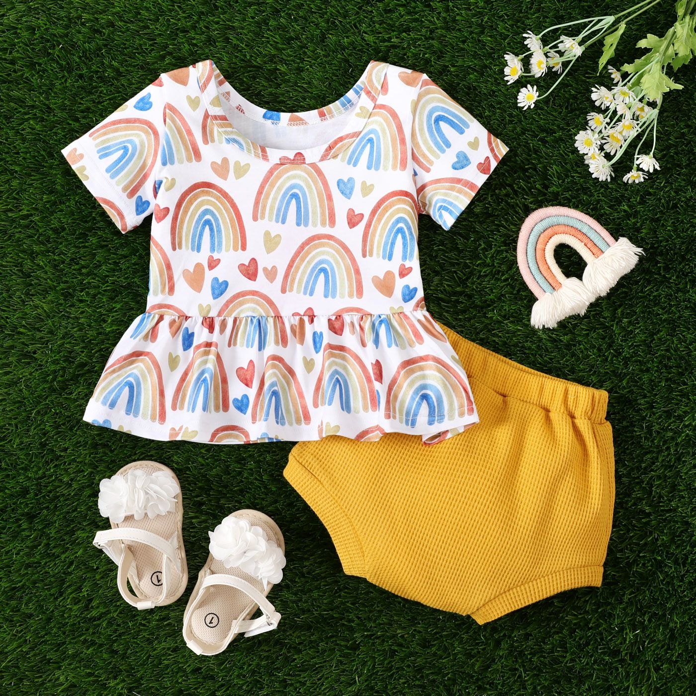 2pcs Baby Girl Allover Rainbow Print Short-sleeve Tee And Solid Waffle Shorts Set