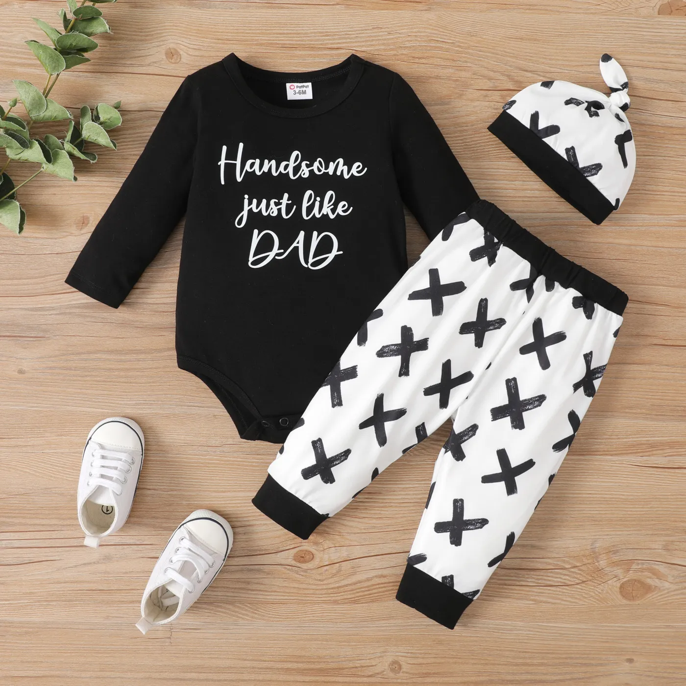 3pcs Baby Boy Cotton Letters Print Long-sleeve Romper and Allover Print Pants & Twist Hat Set BlackandWhite big image 1