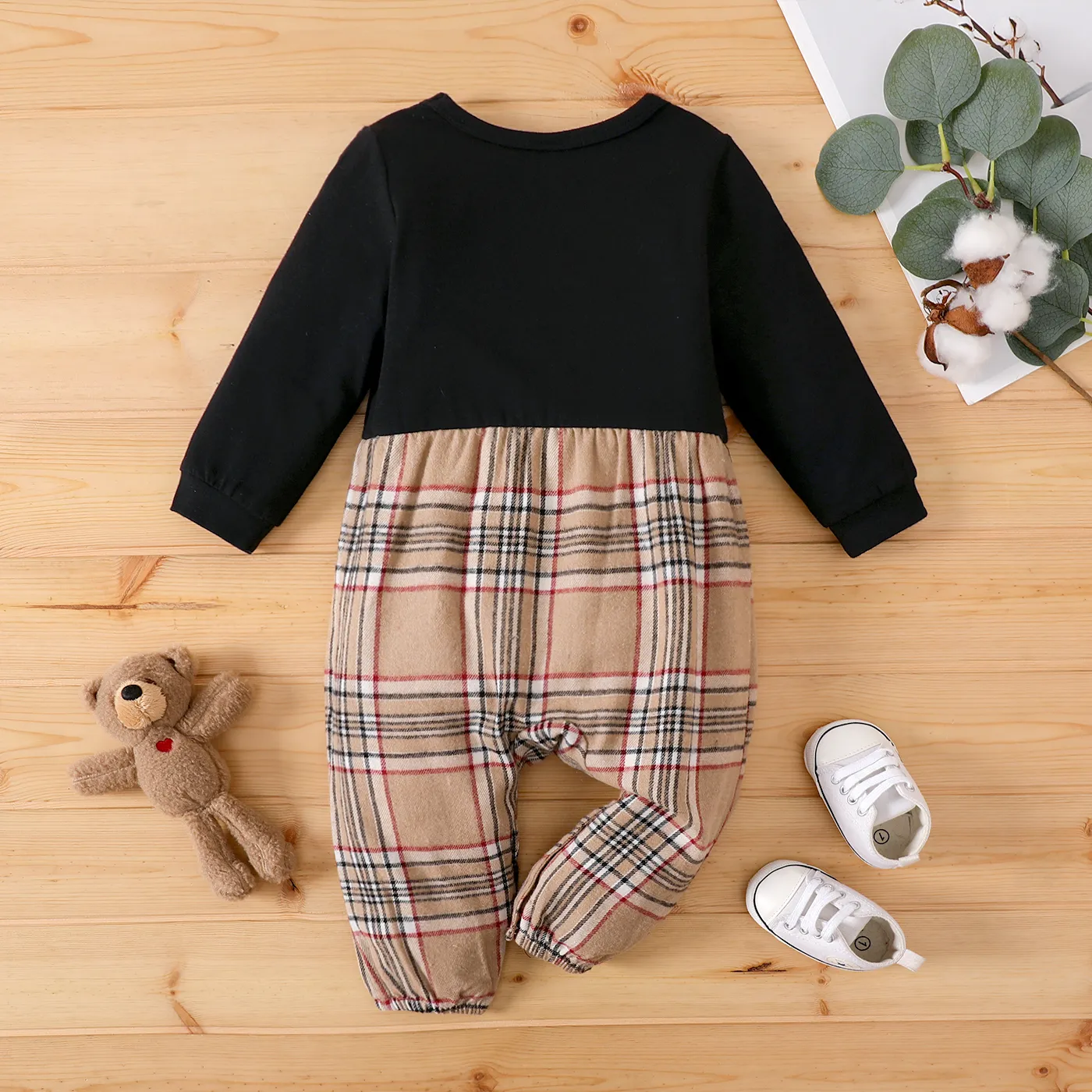 Baby Boy Cotton Letters & Bear Graphic Plaid Long-sleeve Jumpsuit   image 2