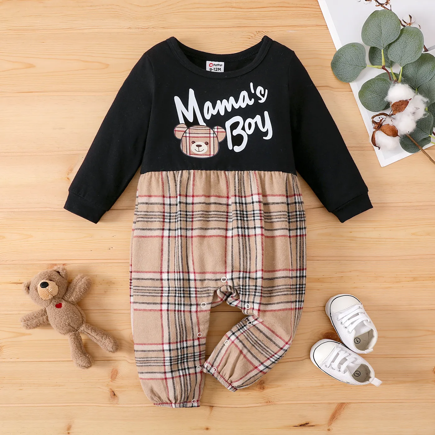 Baby Boy Cotton Letters & Bear Graphic Plaid Long-sleeve Jumpsuit   big image 1