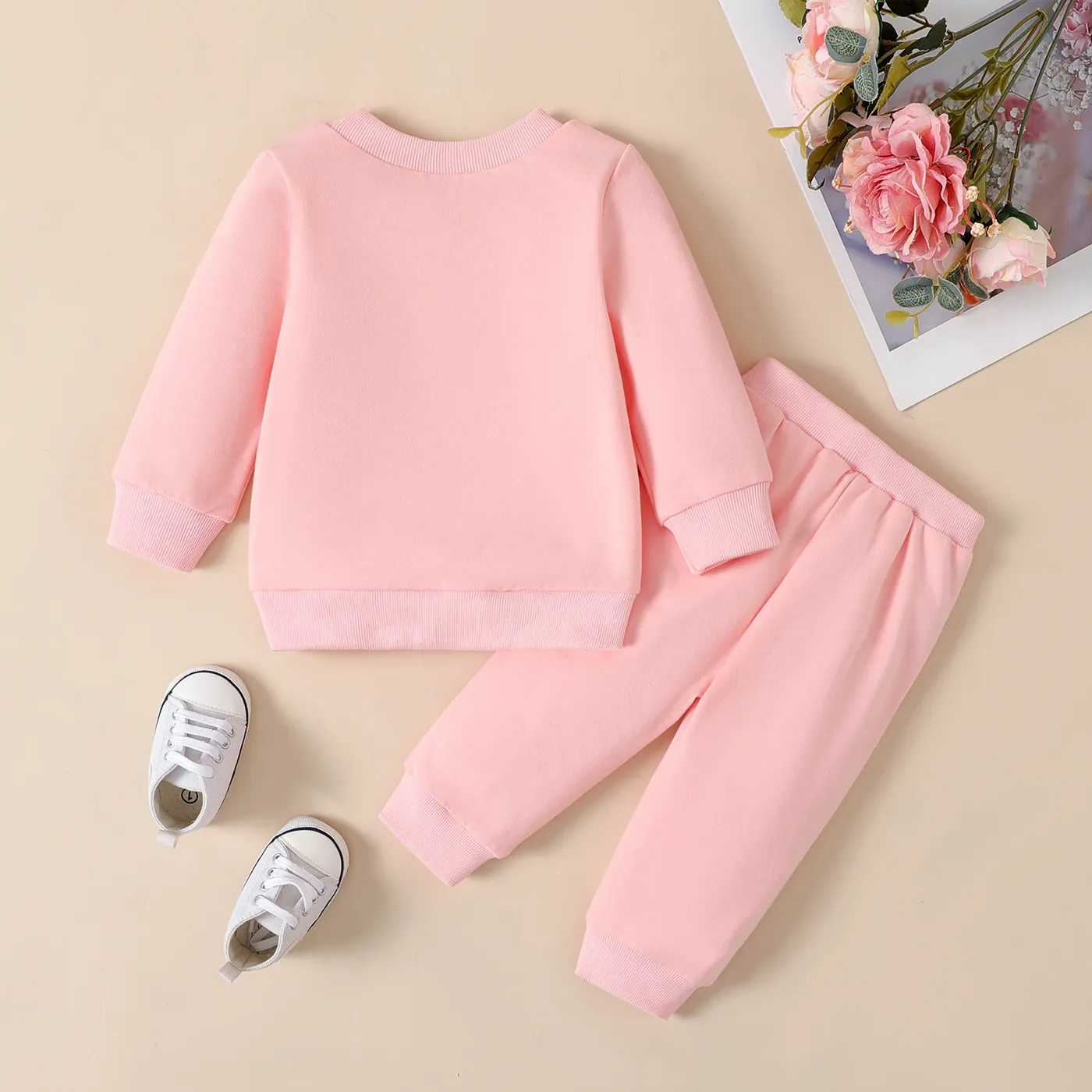 2pcs Baby Girl Smiling Heart Embroidered Pullover Sweatshirt and Pants Set  Pink image 2