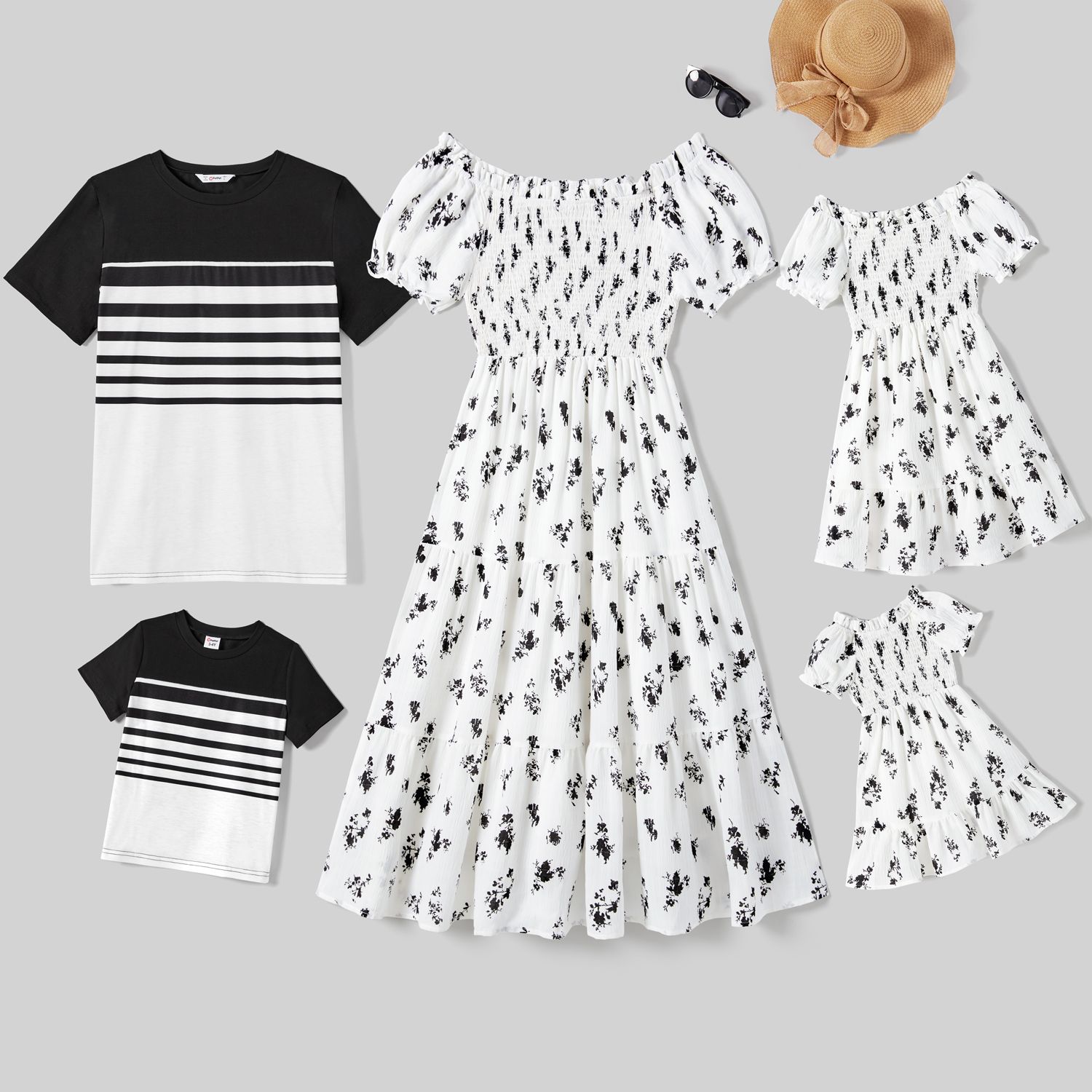 

Family Matching Allover Floral Print Off-Shoulder Smocked Dresses and Stripe Panel Short-sleeve T-shirts Sets