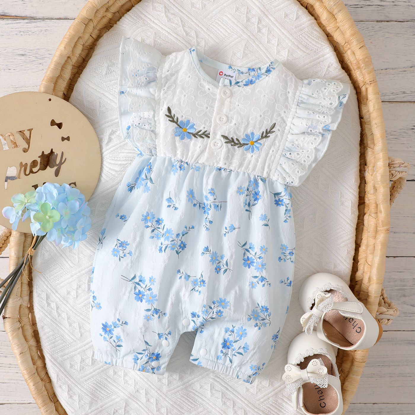 

Baby Girl 100% Cotton Buttons Ruffle Floral Pattern Hollow Romper
