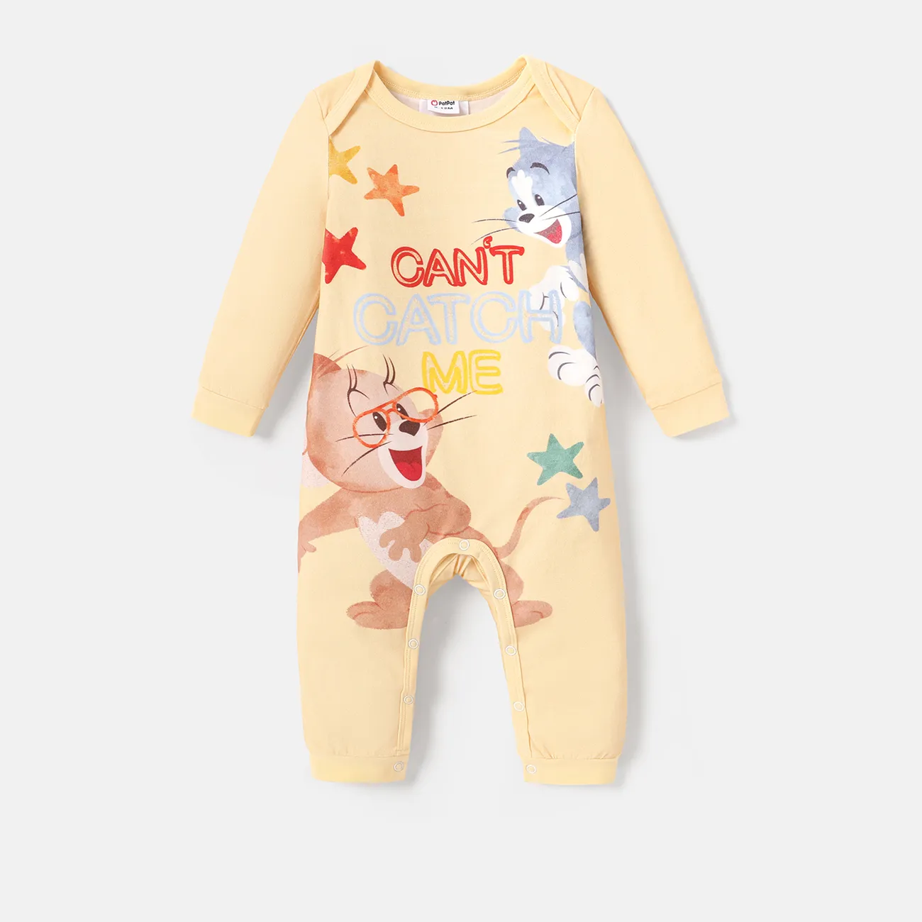 Tom and Jerry Baby Girl/Boy Character Print Long-sleeve Cotton Jumpsuit LightYellow big image 1