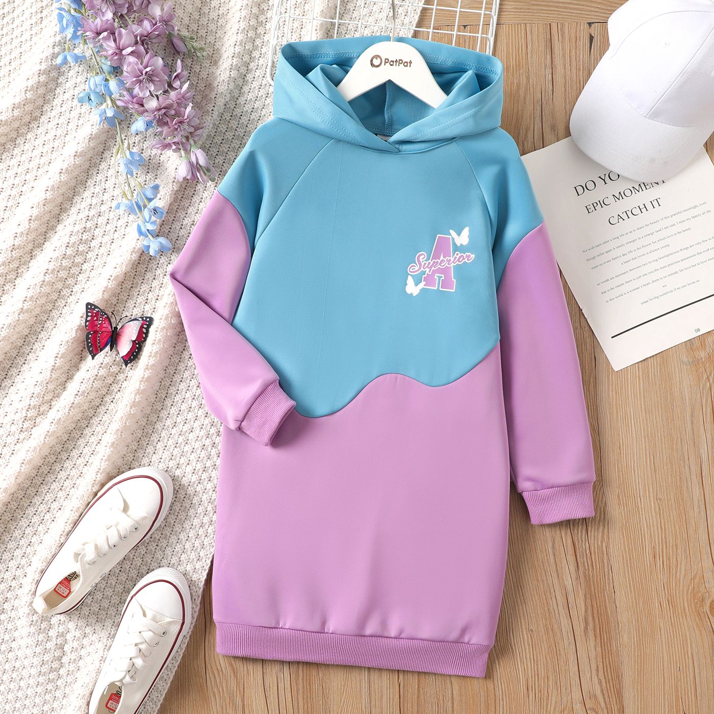 Kid Girl Letters Graphic Colorblock Long-sleeve Hooded Dress