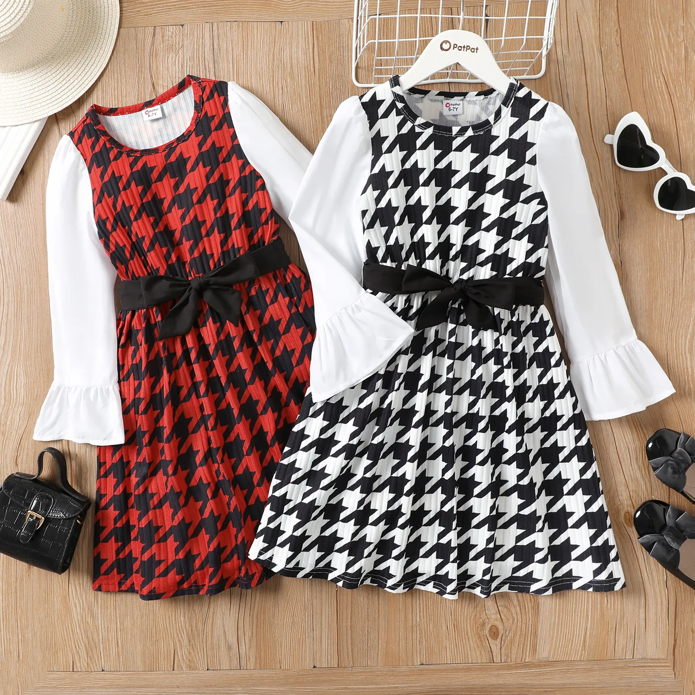 Kid Girl Ribbed Houndstooth Ruffle Belted Long-sleeve Dress Black image 2