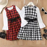 Kid Girl Ribbed Houndstooth Ruffle Belted Long-sleeve Dress  image 2