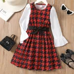Kid Girl Ribbed Houndstooth Ruffle Belted Long-sleeve Dress Red