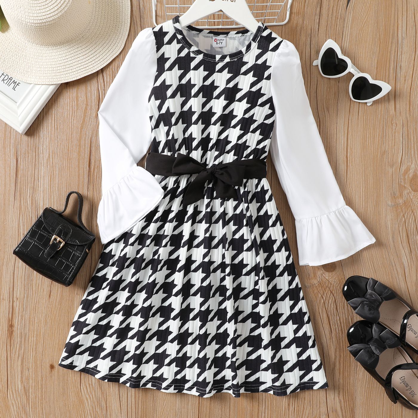 Kid Girl Ribbed Houndstooth Ruffle Belted Long-sleeve Dress